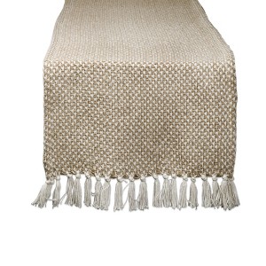 Design Imports  Woven Jacquard Fringe Table Runner, Stone, 15X108" - 1 of 4
