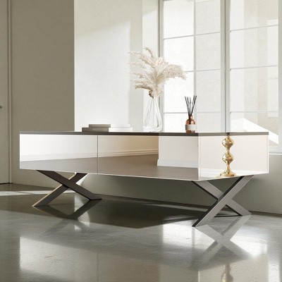 Mshliw Rectangular Mirrored Coffee Table with 2 Drawers, Black Gloss Top and Metal Base, Dining Table, Sofa Table, Living Room Storage Table