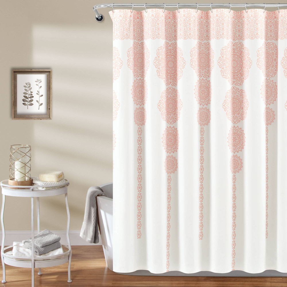 Stripe Medallion Shower Curtain Blush - Lush Décor: 100% Polyester, Machine Washable, Buttonhole Top