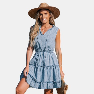 Women's Denim And Ruffles Mini Dress - Cupshe-s-blue : Target