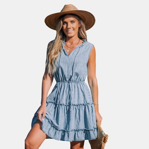 Women's Denim And Ruffles Mini Dress - Cupshe-s-blue : Target