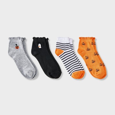 Women's 4pk Ruffle Cuff Jack O Lantern Ghost Embroidered Halloween Ankle Socks - Hyde and EEK! Boutique™ Heather Gray/Orange/Black 4 - 10