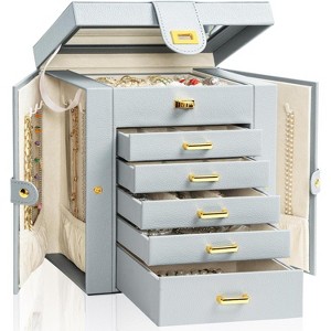 Leather Jewelry Box with Mirror - Multi-Compartment Organizer for Rings & Necklaces, Black - 1 of 4