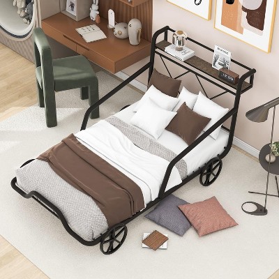 Car shaped platform bed with wheels, guardrail headboard, bedroom X-shaped shelf,metal Flat noodles support, no box spring required