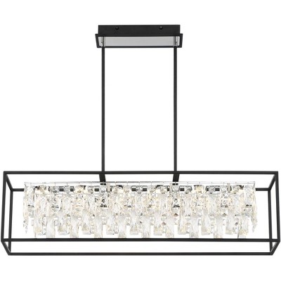 Black Metal and Crystal Rectangular Pendant Chandelier with Adjustable Height
