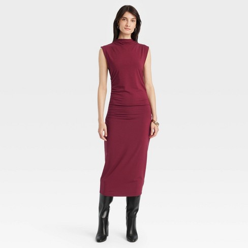 Women s Ruched Knit Midi Dress A New Day Burgundy M Target