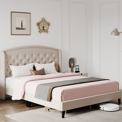 Whizmax Bed Frame, Upholstered Platform Bed with Wingback Headboard, Heavy Duty Button Tufted Bed Frame with Wood Slat Support