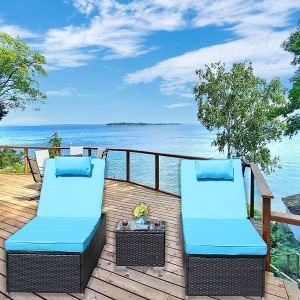 Gulches 3-Piece Outdoor Patio Furniture Set, Cushioned Chaise Lounge with Adjustable Back, Rattan Chair & Glass Coffee Table, Blue - 1 of 4