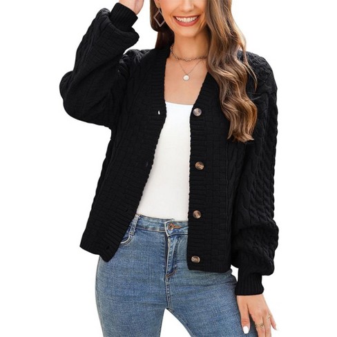 Womens Chunky Knit Cardigan Sweater Open Front Long Sleeve Button ...