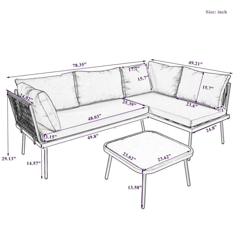 3pc Metal Patio Sectional Sofa Set,  Outdoor Rattan Conversational Set with Cushions and Glass Table 4A -ModernLuxe, 3 of 16
