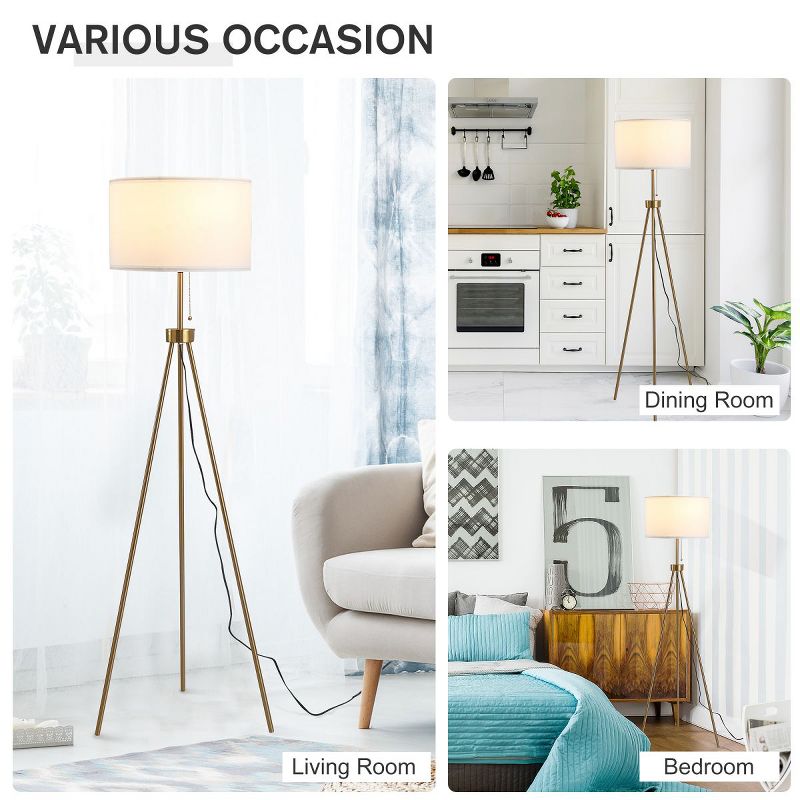 59.75" Gold Floor Lamps For Living Room Steel Tripod Floor Lamp Floor Lamps With White Fabric Shade 14.5 Mid-Century Modern-The Pop Home, 2 of 8