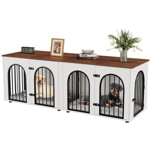 71 Inch Double Dog Crate Furniture with Divider, Wooden TV Stand Kennel for 2 Large Medium Dogs, Includes Cushion in White and Brown - 1 of 4
