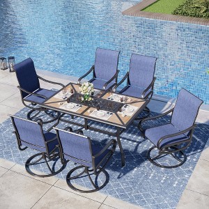 Captiva Designs 7pc Patio Dining Wood-look Rectangle Table & Textilene Swivel Chairs - 1 of 4