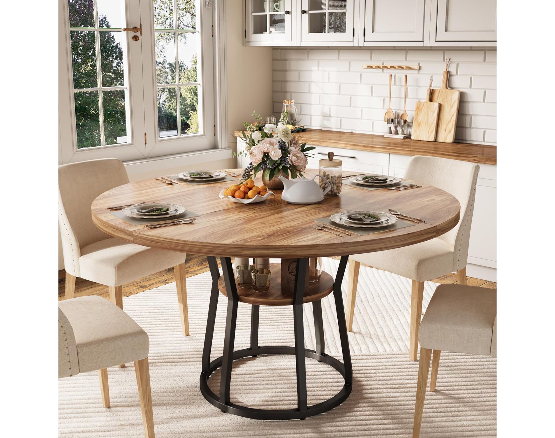 47.2" Round Dining Table for 4-6, Farmhouse Kitchen Table with Storage Shelf, Modern Wood and Metal Circle Table for Dining Room, Natural