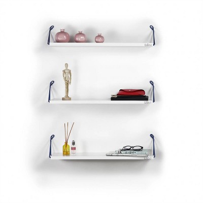 Mounted Rustic Decorative Hanging Metal Bracket Triple Shelves for Books, White Blue