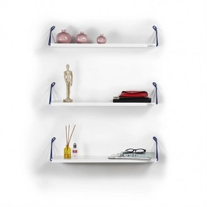Mounted Rustic Decorative Hanging Metal Bracket Triple Shelves for Books, White Blue - 1 of 4