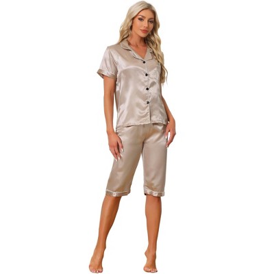 cheibear Women's Soft Satin Button Down with Capri Pants Lounge Pajama Set