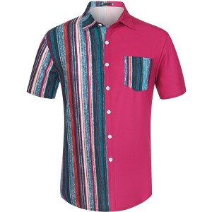 Lars Amadeus Men's Summer Striped Patchwork Short Sleeves Button Down Hawaiian Shirt - 1 of 4