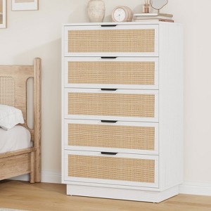 Rattan 5 Drawer Dresser, 46.7in Tall Antique White 5 Chest of Drawers with Metal Handles and Wooden Sturdy Base for Bedroom Living Room Nursery - 1 of 4