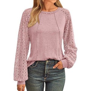 Coolmee Womens Lace Puff Long Sleeve Tunic Tops Fall Casual Dressy Work Blouse Loose Fit Crew Neck Seam Shirts - 1 of 4