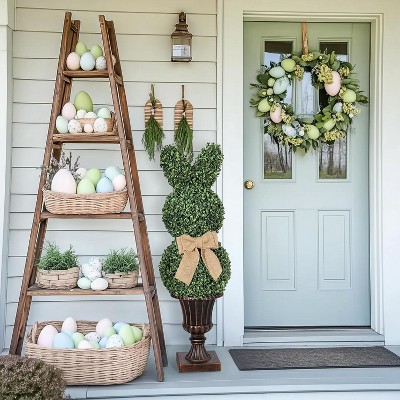 38 Inch Artificial Rabbit Shaped Topiary, UV Resistant Faux Rabbit Potted Plant with Beige Bow for Indoor Outdoor Porch Living Room