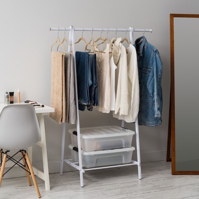 White Metal Freestanding Clothing Rack with Wooden Accents