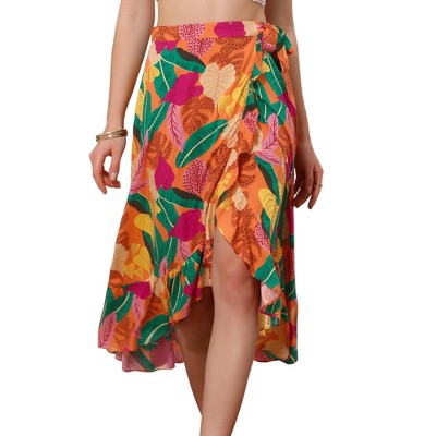 INSPIRE CHIC Women's Tropical Floral Print Ruffle Self-Tie Knot Split Beach Wrap Midi Skirt