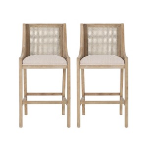 Christopher Knight Home Set of 2 30" Breck Wood and Cane Upholstered Barstools Beige/Natural - 1 of 4