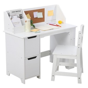 Kids Study Desk and Chair Set, Wooden School Learning Table with Storage, Hutch and Bulletin Board, Children Computer Desk with Chair, - 1 of 4