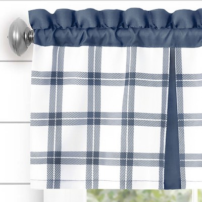 Blue and White Plaid Polyester Kitchen Curtain Tier & Valance Set