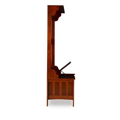 Walnut Finish Split-Seat Storage Hall Tree with Double Hooks