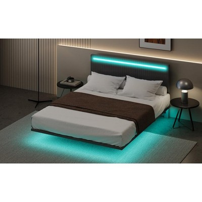 DOMETOUR Modern Upholstered Floating Bed Frame with LED Lights, Vertical Channel Design Velvet Fabric Bed, No Box Spring Needed, Full Size, Gray