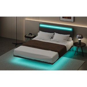 DOMETOUR Modern Upholstered Floating Bed Frame with LED Lights, Vertical Channel Design Velvet Fabric Bed, No Box Spring Needed, Full Size, Gray - 1 of 4
