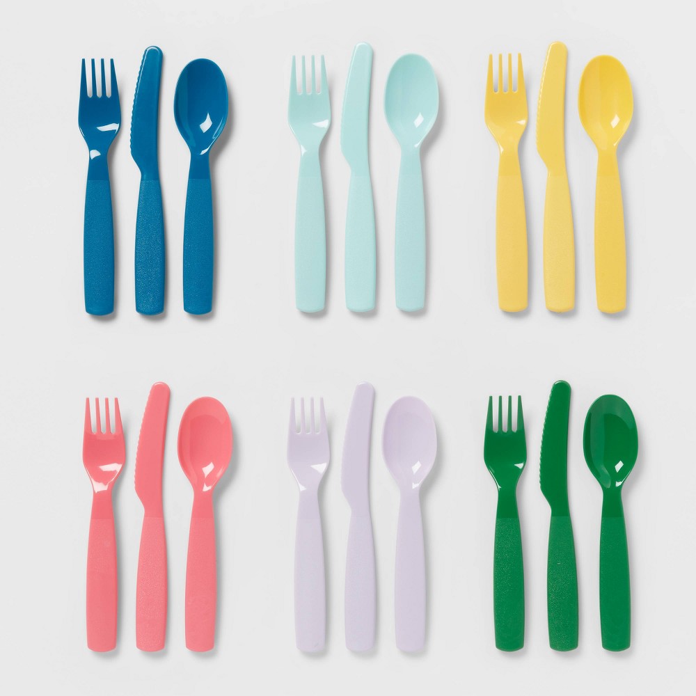 18pc Plastic Assorted Colors Kids' Silverware Set - Pillowfort