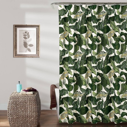 Green & Gold Exotic Tropical Jungle Leaves Shower Curtain Set