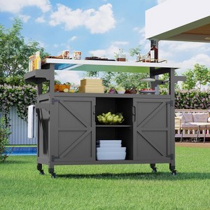 Portable Outdoor BBQ Prep Table - Metal Kitchen Island with Lockable Wheels, Storage Cabinet & Stainless Steel Top for Backyard Cooking - 1 of 4
