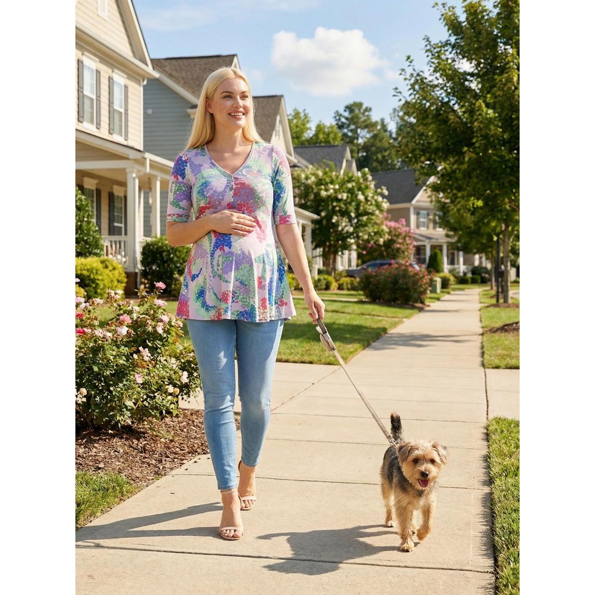 24seven Comfort Apparel Maternity Abstract V Neck Elbow Sleeve Henley Tunic Top - thumbnail 4