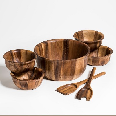 Kalmar Home 11-Inch Acacia Wood Large Soro Salad Bowl with 4 Individuals