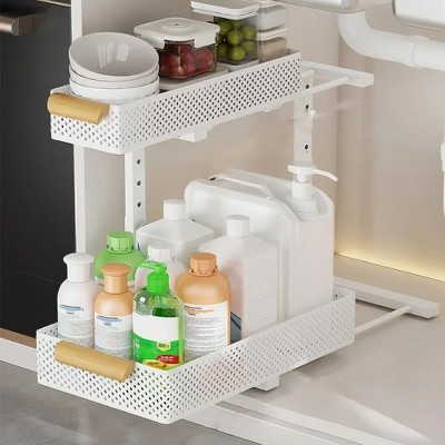 Under Sink Organizer, Pull Out Kitchen Storage - 2 Tier Sliding Metal Basket with Adjustable Shelves, Fits Bathroom & Kitchen Cabinets, White