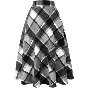Women's Plaid Wool Skirt - Elastic Waist A-Line Pleated Tartan Long Skirt Long Grey New - 1 of 4
