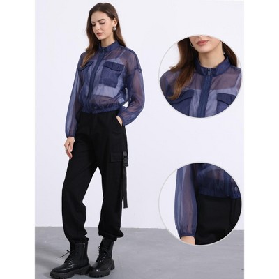 Женские куртки INSPIRE CHIC Women's Zip-Up Long Sleeve See-Through Bomber Jacket Large Black — фото 2