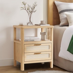 Nightstands Set of 2,Rattan Nightstand with Drawers,Farmhouse Bedside Table with Open Wood Shelf,Narrow Side Table - 1 of 4