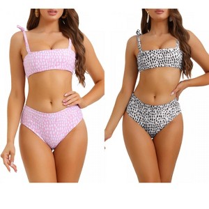 INSPIRE CHIC Women's Tie Shoulder Leopard Print Bandeau High Waist Swimwear Bathing Suits 2 Sets - 1 of 4