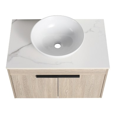 Vynxaria 30 in. Single Suspended White Oak Plywood Bath Vanity with White Flat Stone Counter KD-PACKING Ready to Assemble