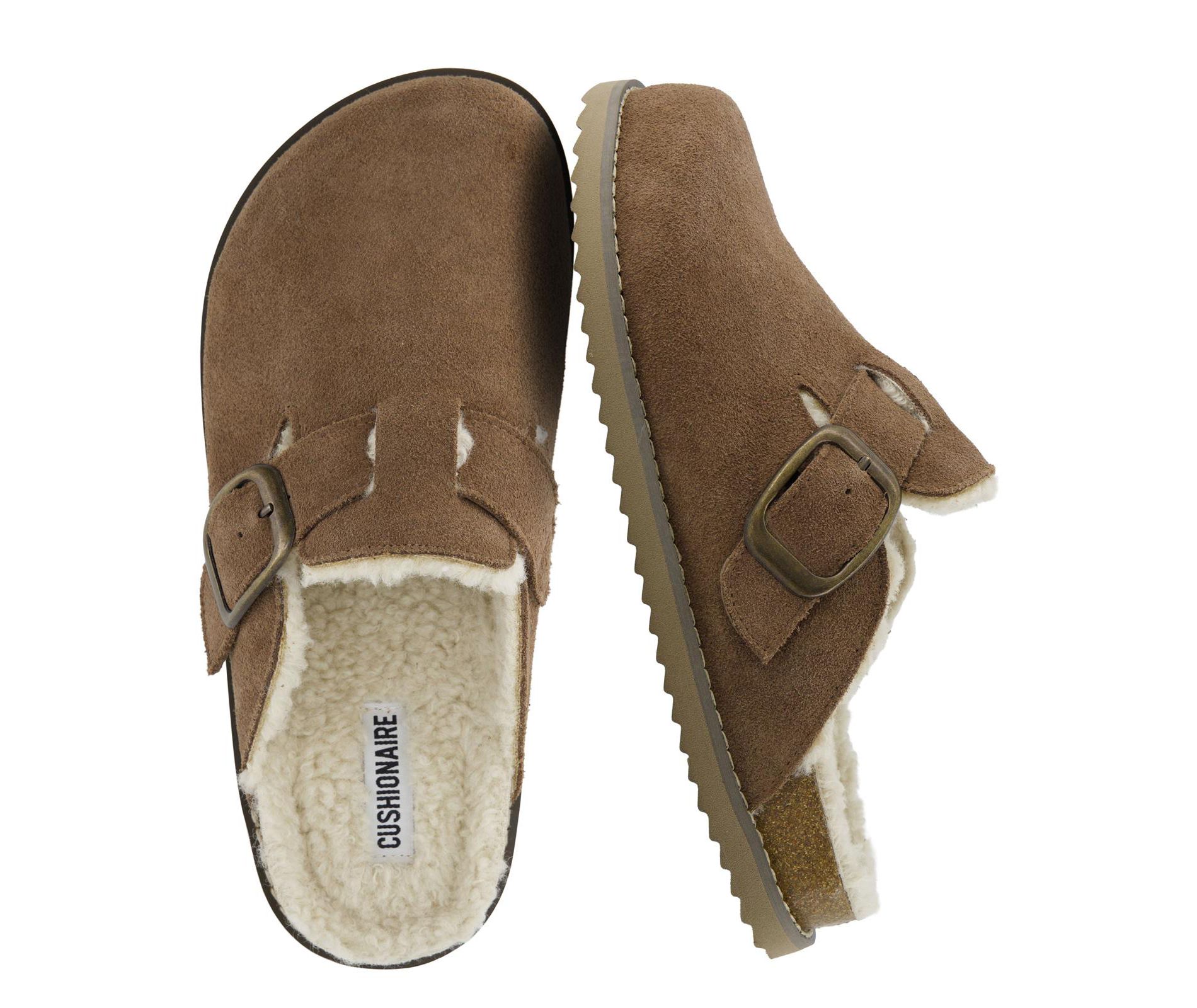 CUSHIONAIRE Blain Fur Genuine Suede Clogs for Women, Cozy Slip-On Womens Slippers with Detailed Stitching and Memory Foam Comfort