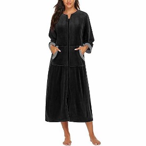 Ekouaer Robe for Women Velour Zipper Robe 3/4 Sleeves Housecoat Full Length Loungewear Long Bathrobe with Pockets - 1 of 4