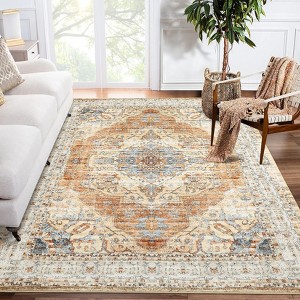8x10 Large Washable Area Rug, Blue Non Slip Carpet, Stain Resistance Vintage Room Rug, Indoor Floor Carpet for Living Room, Low Profile Rug, Boho Rug - 1 of 4