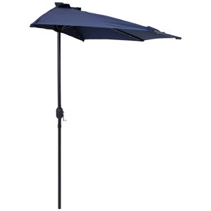 Sunnydaze Solar Outdoor Half Patio Umbrella with LED Lights and Crank - 9' - Navy Blue - 1 of 4