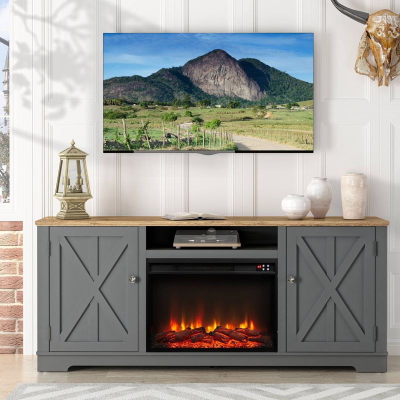 70&#34; Farmhouse Wooden TV Stand for TVs up to 75&#34; with Electric Fireplace Gray - Festivo, 1 of 12