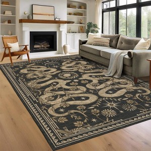 Snake and Flower Pattern Washable Rug 2x3 to 9x12, Non-Slip Low Pile Living Room Rug, Dark Gray/Blue/Green/Beige Stain Resistant Machine Washable Rug - 1 of 4
